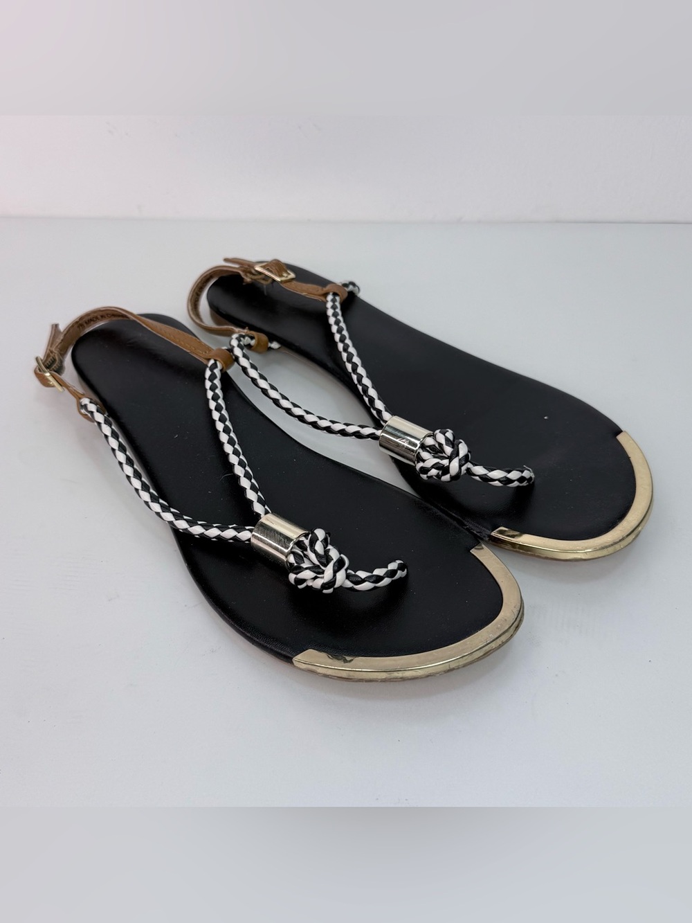 Mossimo Supply Co. Black Braided Toe-Loop Sandals with Gold Trim